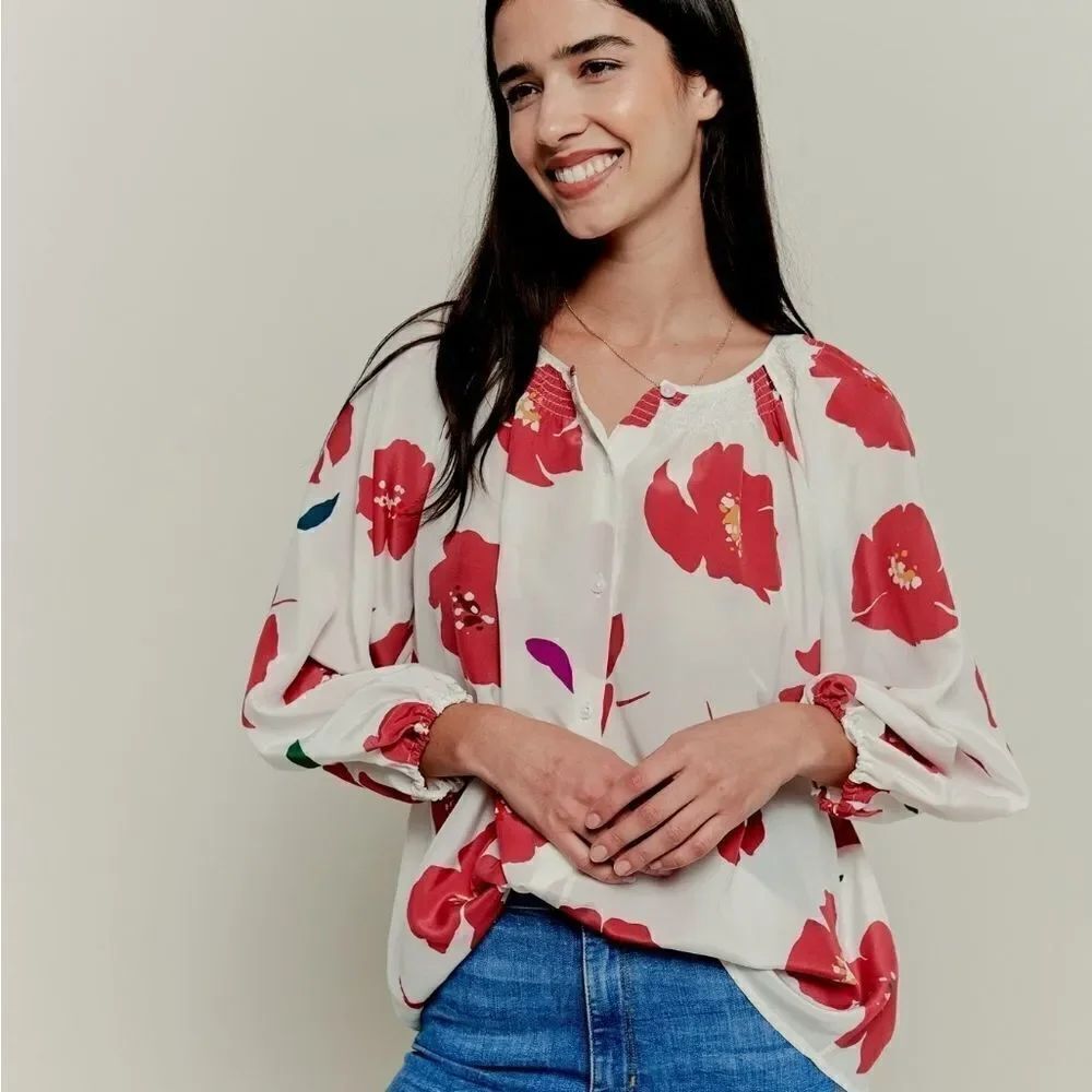 Tucker The Classic Blouse Blush Poppies in Silk de Crepe de Chine Floral